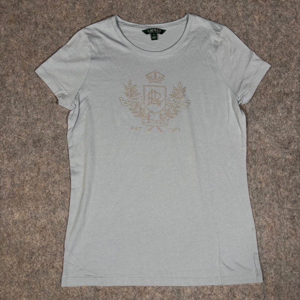 Lauren Ralph Lauren T-Shirt Womens M Blue Studded Crest Graphic Vintage LRL Tee